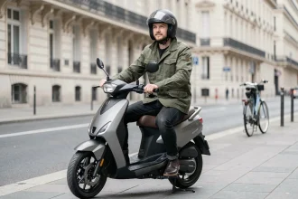 Homme casqué sur un scooter électrique 125cc dans une rue parisienne, comparatif scooter électrique vs essence 2026