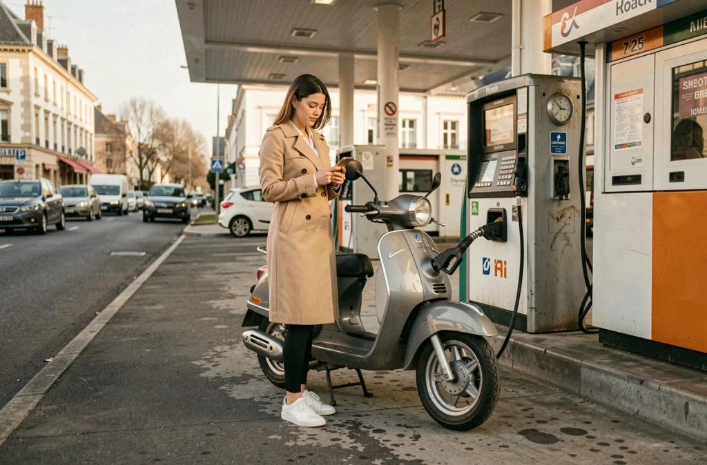 Femme faisant le plein de son scooter essence 125cc dans une station-service, choix entre scooter électrique et thermique