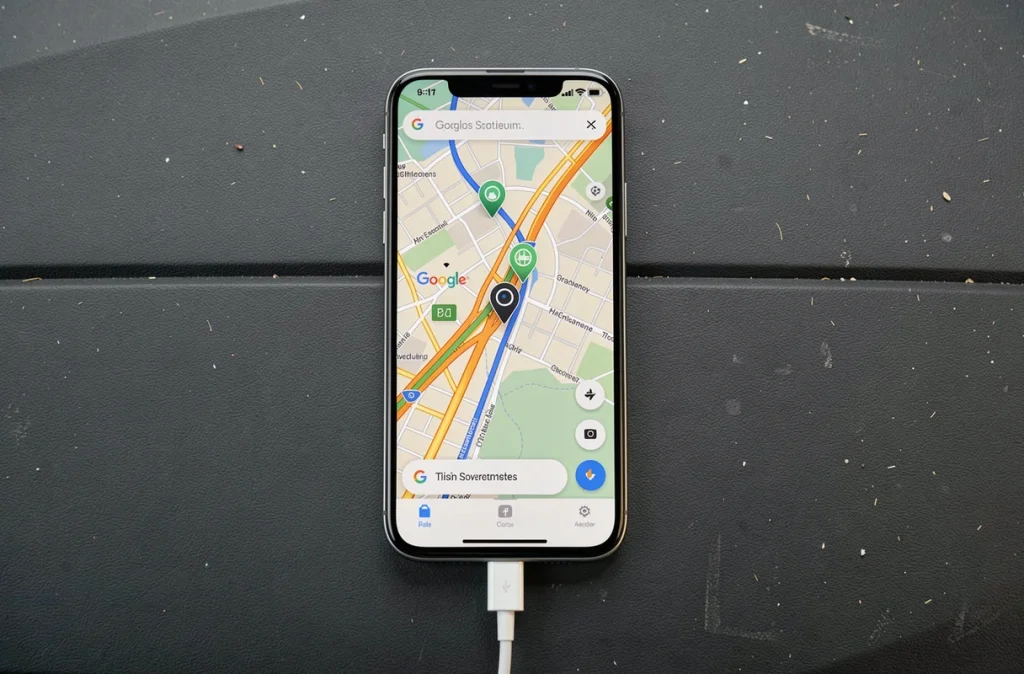 Vue rapprochée d'un smartphone sur tableau de bord affichant les radars sur Google Maps avec câble de charge
