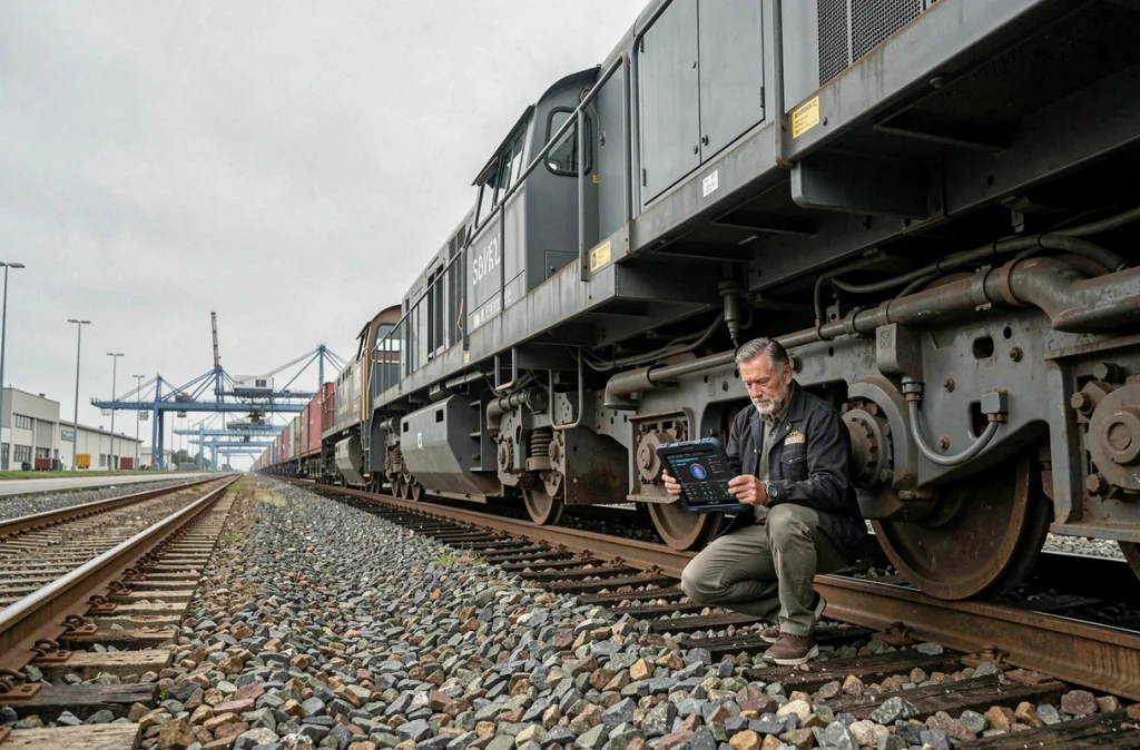 Technicien de maintenance analysant les données IoT d'une locomotive de fret électrique dans un terminal intermodal ferroviaire