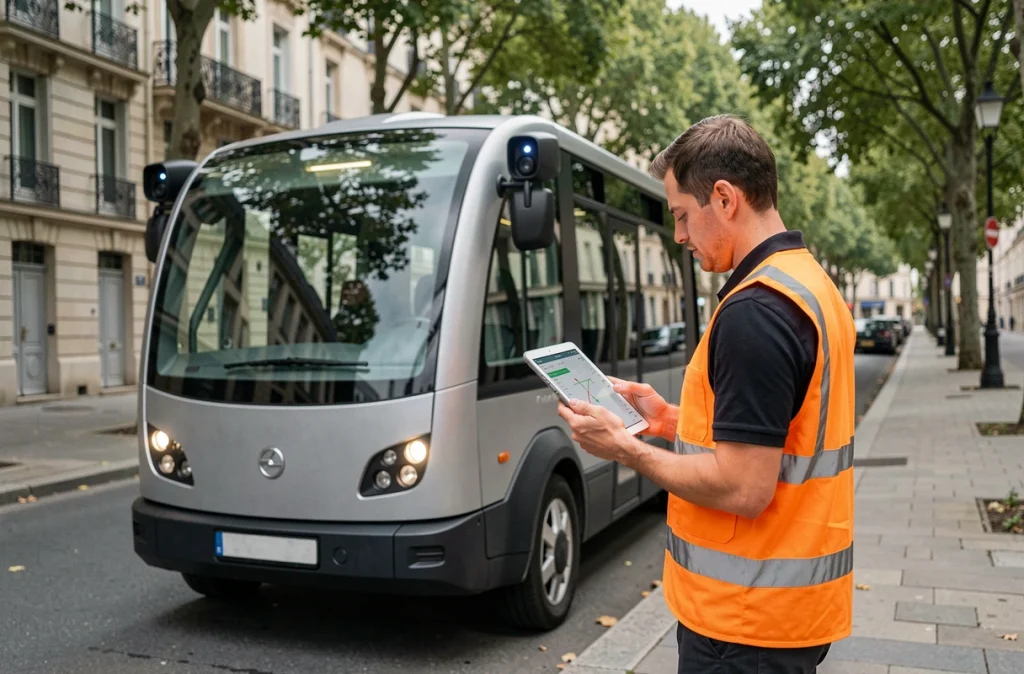 Technicien municipal inspectant une navette autonome dans une rue française avec une tablette de données en main