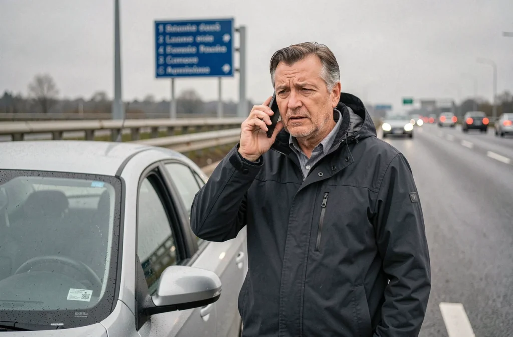 Automobiliste témoignant après un accident sur le périphérique de Rennes, homme debout près de sa voiture avec son téléphone
