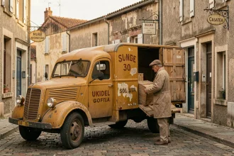 Camion utilitaire ancien des années 1960 garé dans une rue pavée d'une ville provinciale française, un homme en blouse de travail déchargeant des caisses en bois