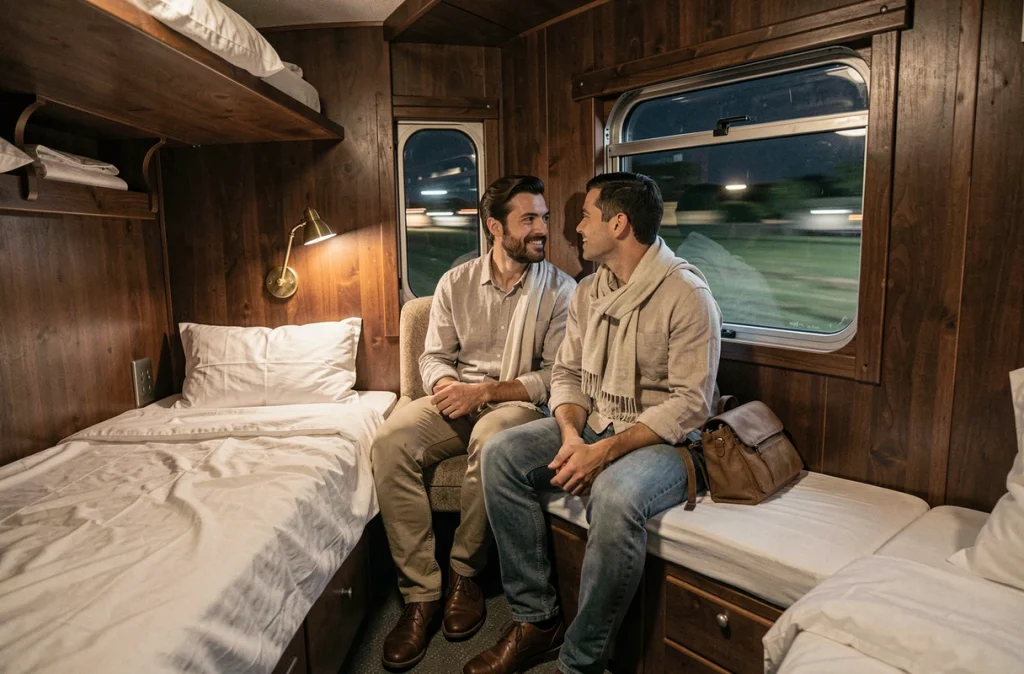 Couple de voyageurs assis dans un compartiment couchette de train de nuit observant le paysage nocturne défiler par la fenêtre
