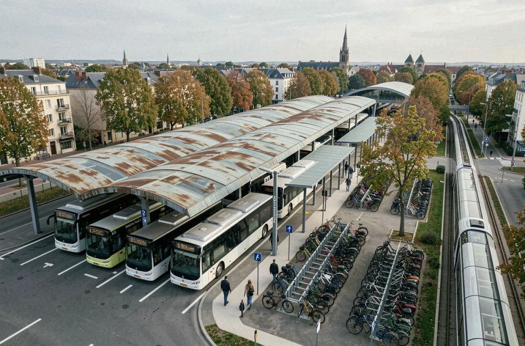Vue extérieure d'une gare routière intermodale moderne avec quais de bus, tramway et stationnement vélos en milieu urbain français