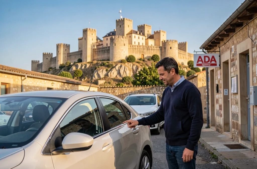 Client inspectant une voiture de location ADA à Carcassonne avec la Cité médiévale visible en arrière-plan