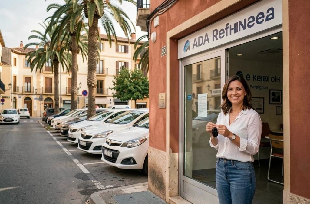 Façade de l'agence ADA à Perpignan avec une employée tenant des clés de voiture devant des véhicules garés