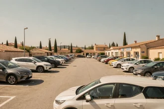 Rangée de voitures de location dans un parking ensoleillé d'Occitanie avec des bâtiments méridionaux en arrière-plan