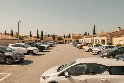Rangée de voitures de location dans un parking ensoleillé d'Occitanie avec des bâtiments méridionaux en arrière-plan
