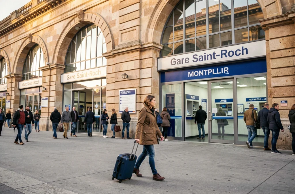 Voyageuse avec valise se dirigeant vers l'agence Avis près de la gare Saint-Roch de Montpellier