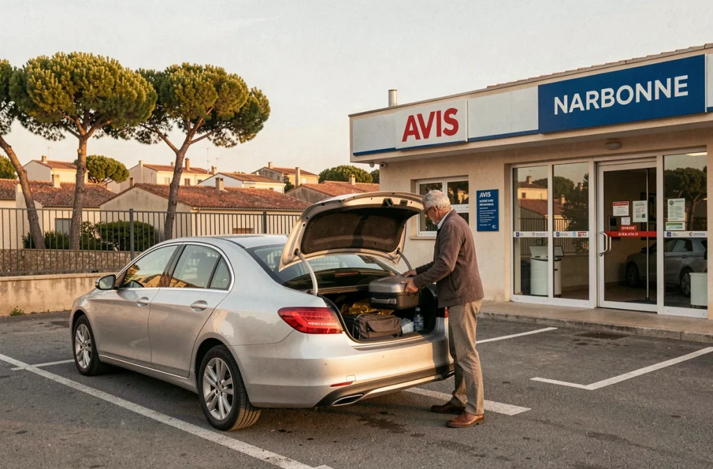 Client chargeant ses bagages dans un véhicule de location Avis dans le parking de l'agence de Narbonne