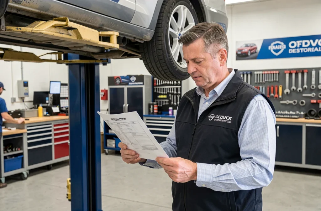Responsable du Centre Bonnet Sarl vérifiant un rapport d'inspection véhicule dans son atelier professionnel