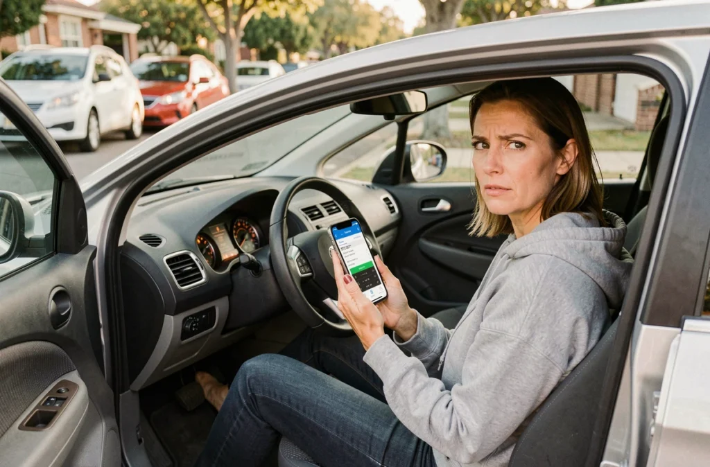 Femme consultant un code panne DTC sur une application smartphone depuis l'habitacle de sa voiture avec un voyant moteur allumé sur le tableau de bord