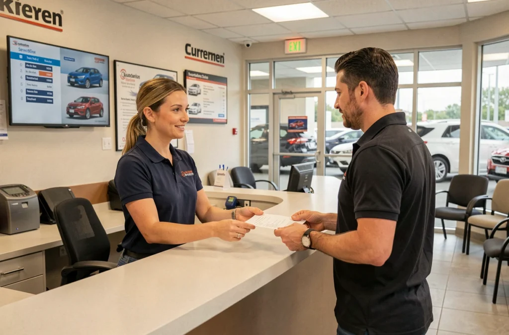 Conseillère de DCH Auto accueillant un client à l'accueil d'un centre automobile professionnel