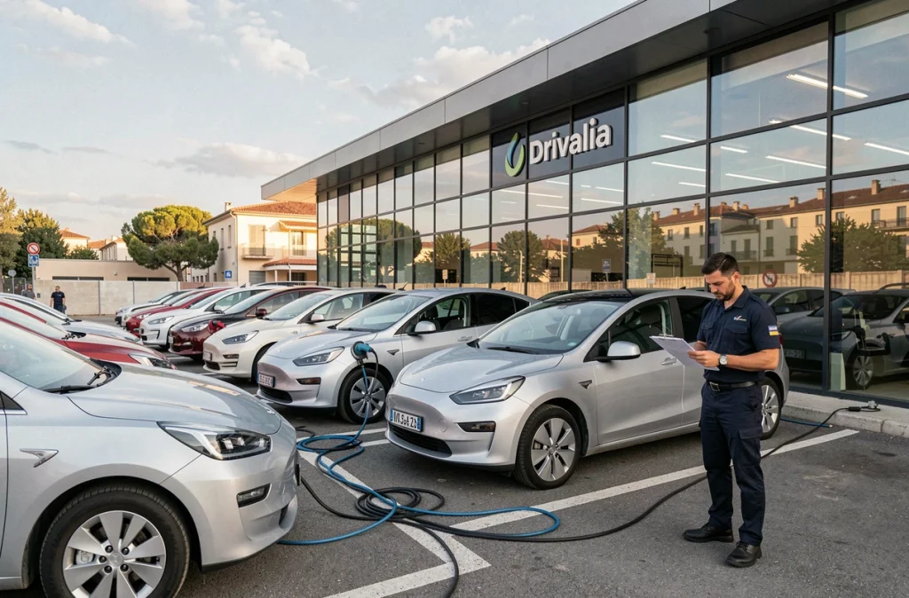 Zone de restitution Drivalia à Montpellier avec des véhicules électriques et hybrides alignés et un agent vérifiant un formulaire