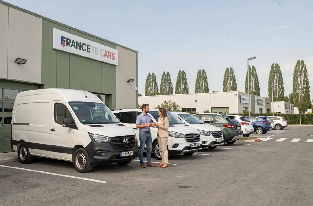 Cliente discutant avec un agent France Cars devant un utilitaire blanc et un SUV dans la zone commerciale de Saint-Jean-de-Védas