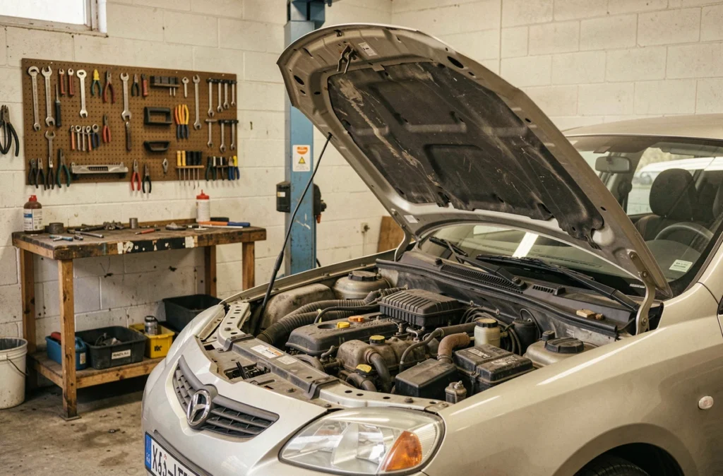 Mécanicien expérimenté du Garage de la Plaine travaillant sur le moteur d'un véhicule utilitaire