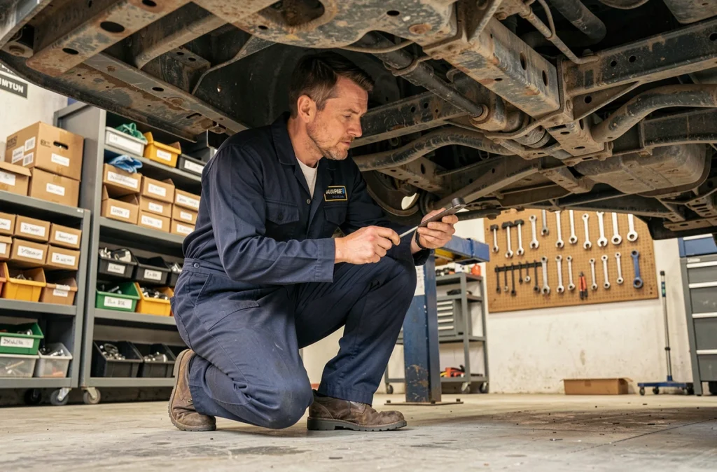 Mécanicien expert du Garage Lesieur inspectant le dessous d'un véhicule dans son atelier