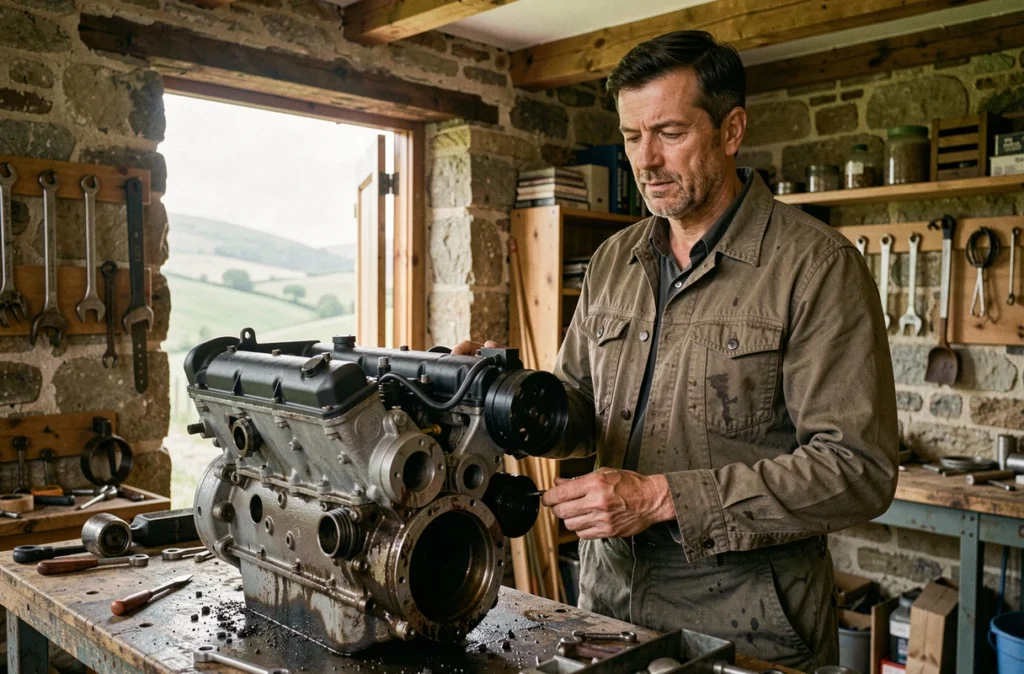 Mécanicien du Garage de la Suisse Normande travaillant sur un moteur dans un atelier de style rural normand