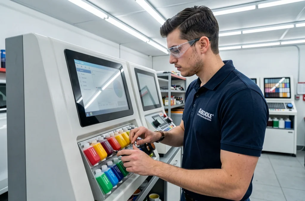 Technicien d'Innov' Carrosserie utilisant un système informatisé de mélange de peinture dans un atelier moderne