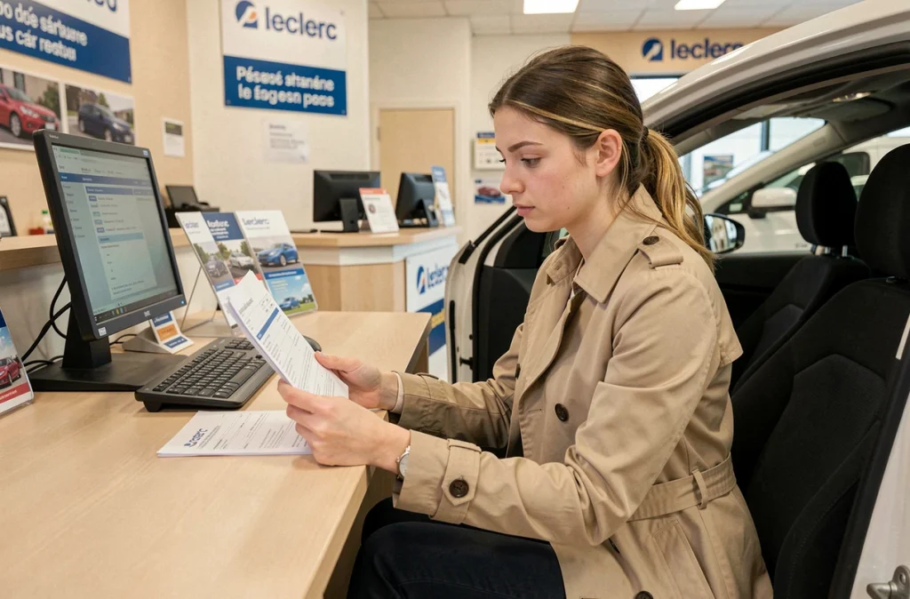 Jeune femme examinant un contrat de location de voiture au comptoir Leclerc Location