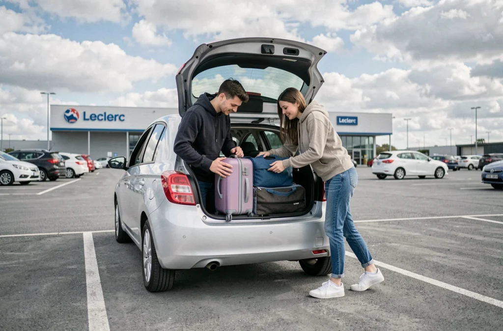 Deux jeunes adultes chargeant des bagages dans le coffre d'une voiture de location Leclerc