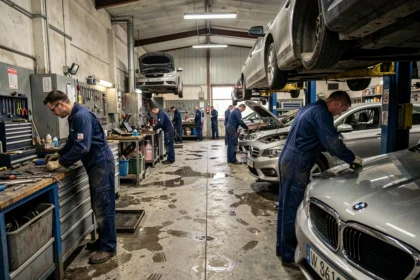 Vue d'ensemble d'un atelier mécanique automobile animé dans le Calvados avec plusieurs mécaniciens au travail