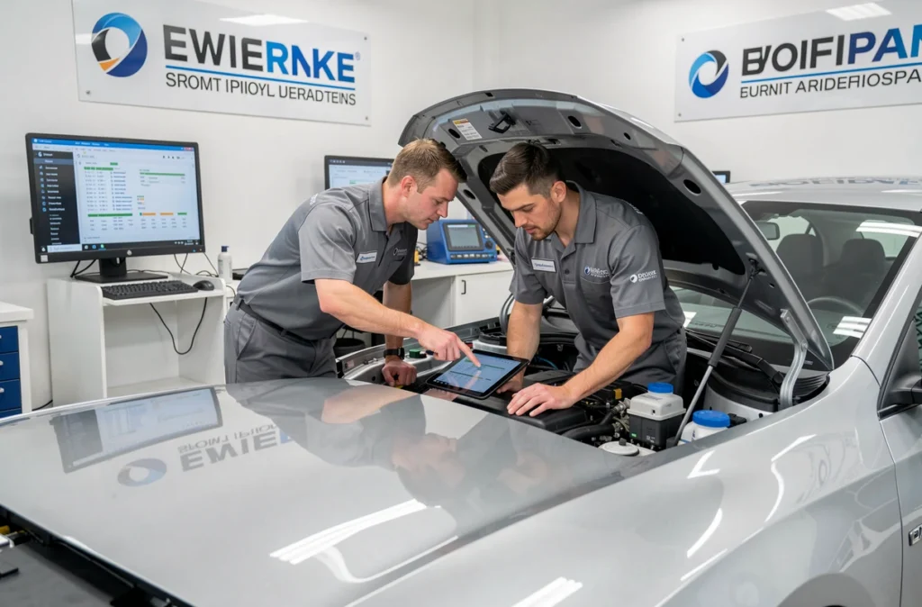 Deux techniciens de Molin Bourdon Automobiles réalisant un diagnostic électronique sur un véhicule