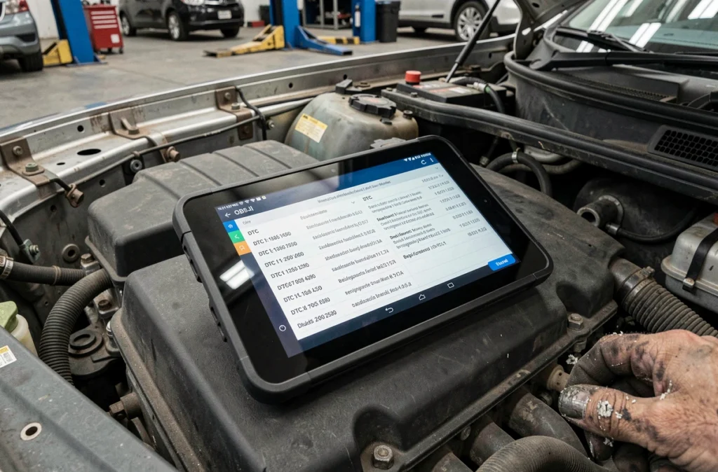 Tablette de diagnostic OBD-II affichant une liste de codes DTC posée sur le compartiment moteur d'un véhicule dans un atelier mécanique professionnel
