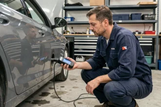 Technicien automobile lisant un code DTC sur un scanner OBD-II branché sous le tableau de bord d'une berline moderne dans un garage professionnel