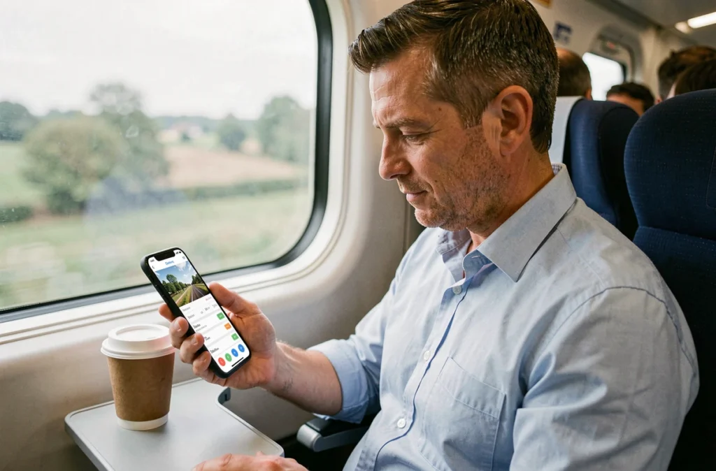 Homme dans un TGV consultant une application de comparaison de coût de trajet sur son smartphone