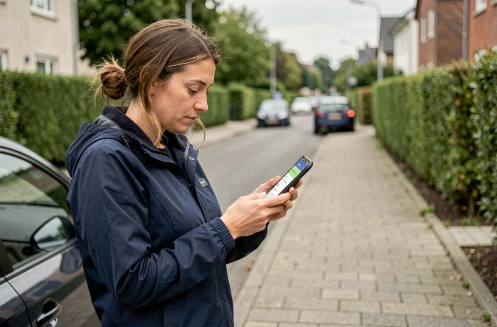 Femme consultant une application de conversion mph en km/h sur smartphone au bord d'une rue résidentielle